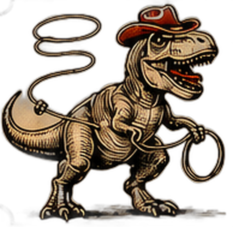 Dino Ribs mascot — dinosaur wearing a cowboy hat holding a lasso