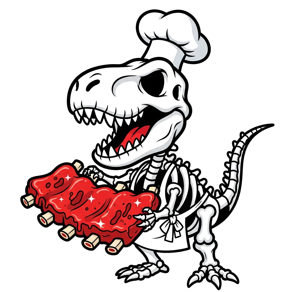 Cartoon dinosaur skeleton illustration for Dino Ribs special