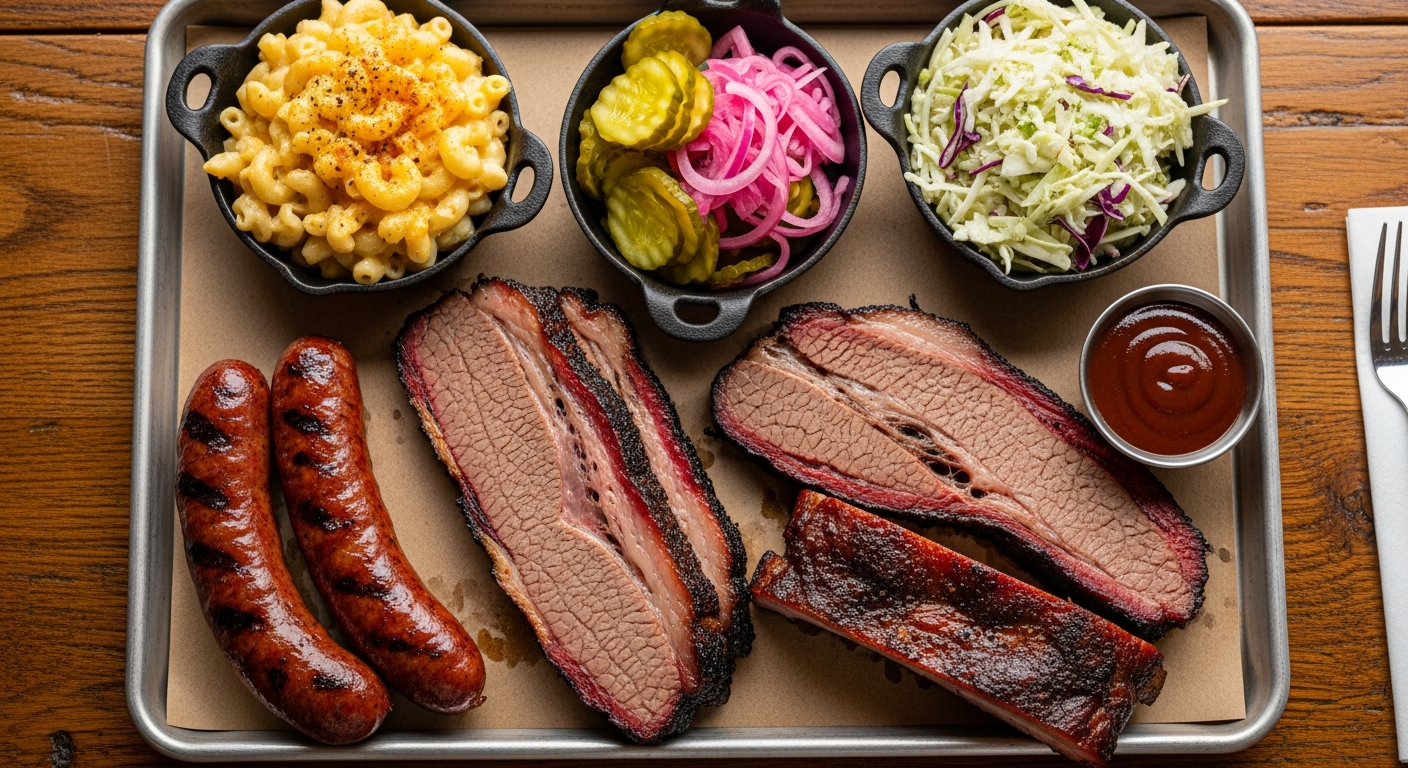 Texas BBQ platter with brisket slices, ribs, sausage links, sides